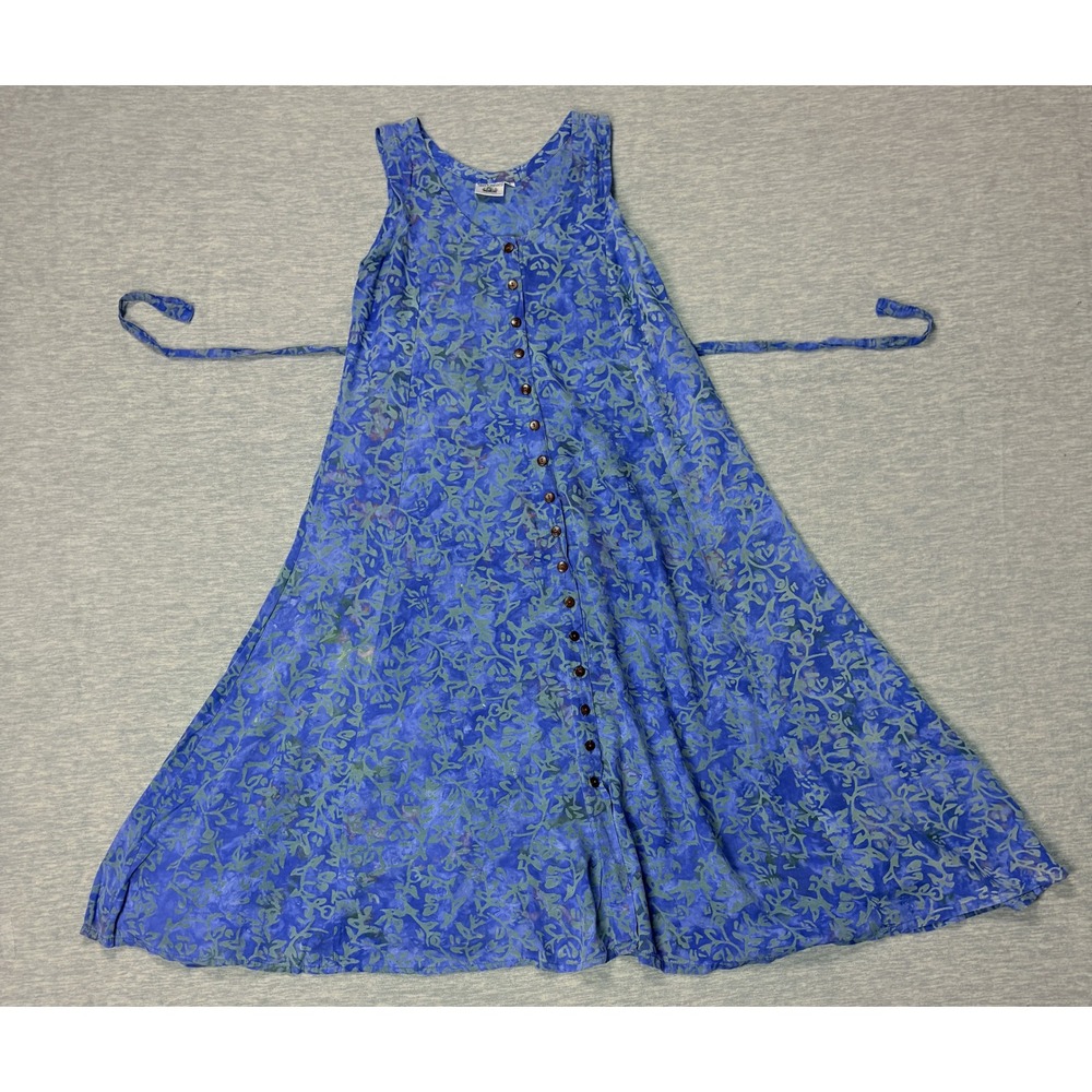 Very Vineyard Batik Floral Midi Dress Women S Blue Green Button Front Sleeveless